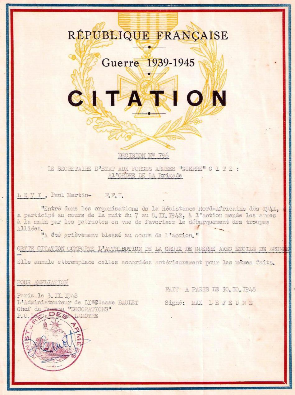 Citation croix de guerre etoile de bronze