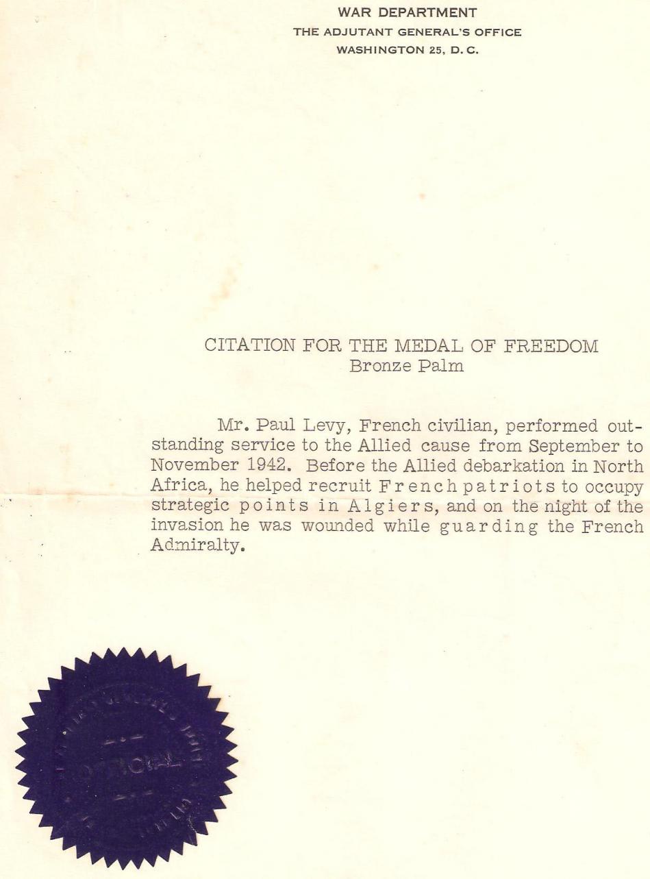 Citation medal of freedom palme de bronze